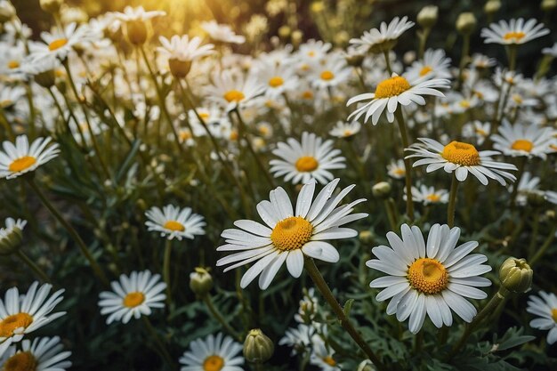 Daisies in a blooming orchard