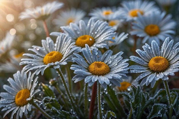 Daisies covered in morning frost