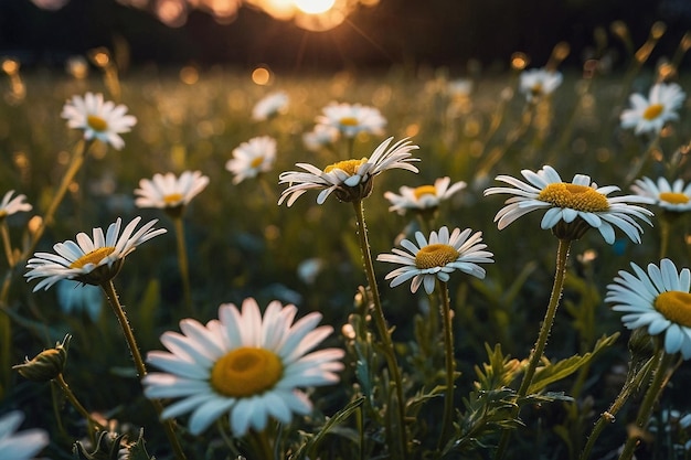 Daisies in a field at dusk