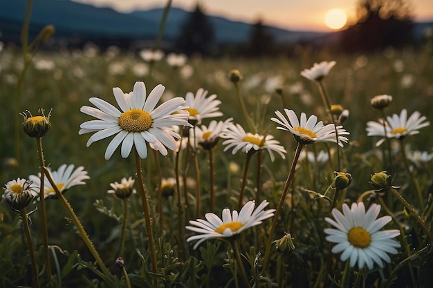 Daisies in a field at dusk