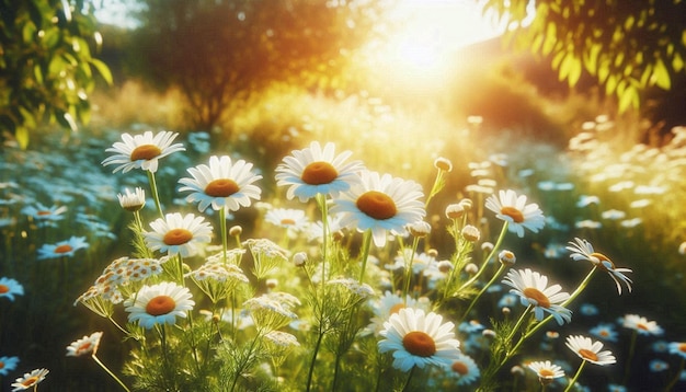 daisies in a field of grass with the sun behind them