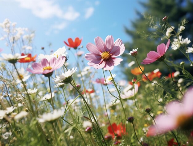 Daisies on the field on a sunny day low angle view Springtime concept