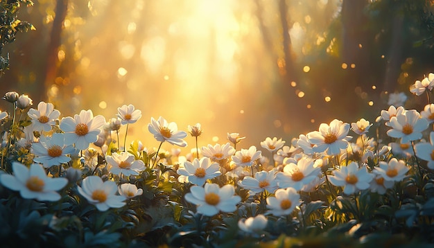 daisies in the grass with the sun behind them