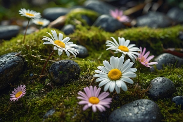 Daisies among mosscovered stones