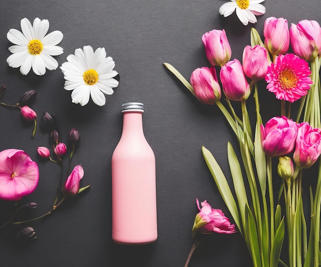 daisies and roses standing next to bottle