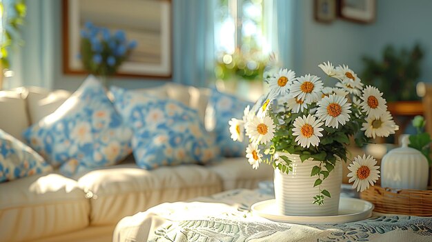 Photo daisies in a vase on a coffee table