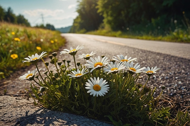 Daisies with an old country road