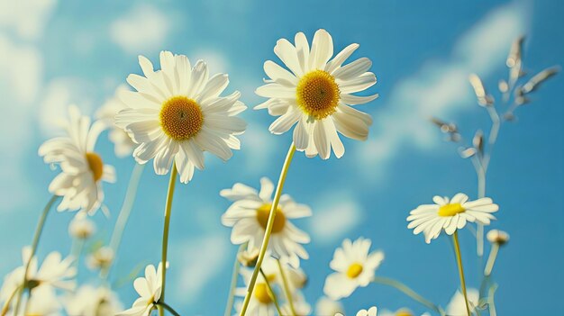 Daisy flowers on blue sky background