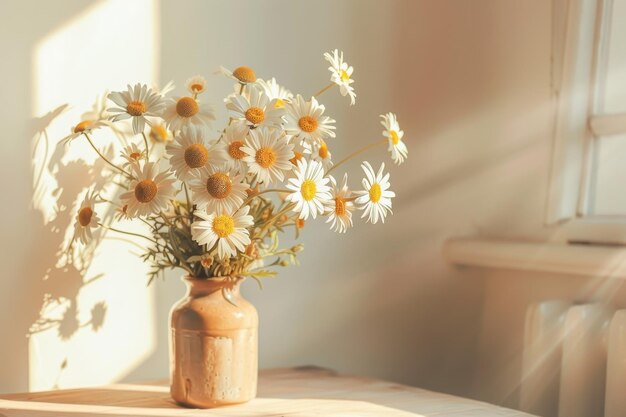 Photo daisy flowers in sunlight on white background summer vibes simple home decor with modern ceramic vase in boho room summer wallpaper with copy space