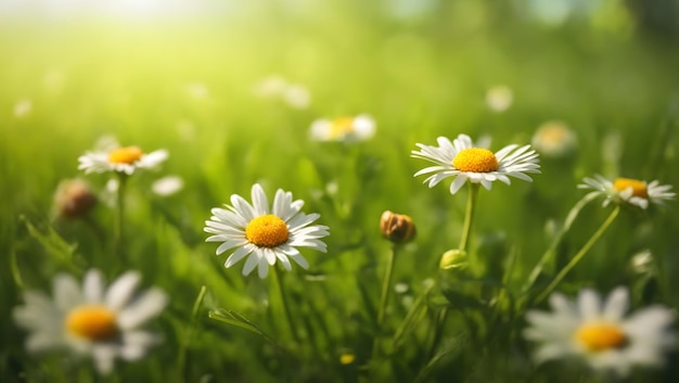 Daisy on green sunny spring meadow Luminous blurred background