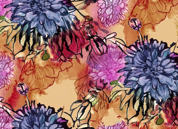 Dalhia Seamless Pattern Ink Drawing with Watercolor Texture