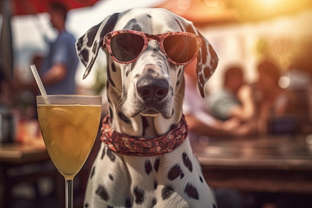 Dalmatian breed dog is relaxing with a cocktail A seaside holiday concept with animals Generative AI