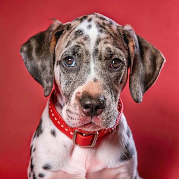 Dalmatian Cross Puppy Portrait With Red Collar on Red Background Generative AI