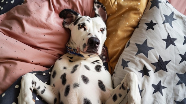 A Dalmatian dog on a bed lies on its back with its paws raised Bed linen with stars Funny dog face