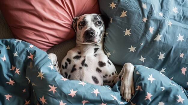 A Dalmatian dog on a bed lies on its back with its paws raised Bed linen with stars Funny dog face