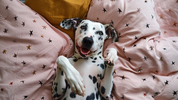 A Dalmatian dog on a bed lies on its back with its paws raised Bed linen with stars Funny dog face