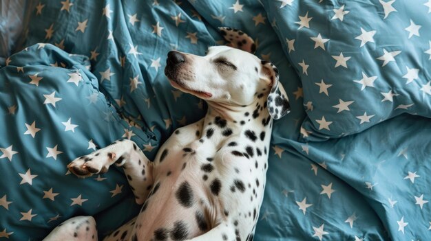 A Dalmatian dog on a bed lies on its back with its paws raised Bed linen with stars Funny dog face