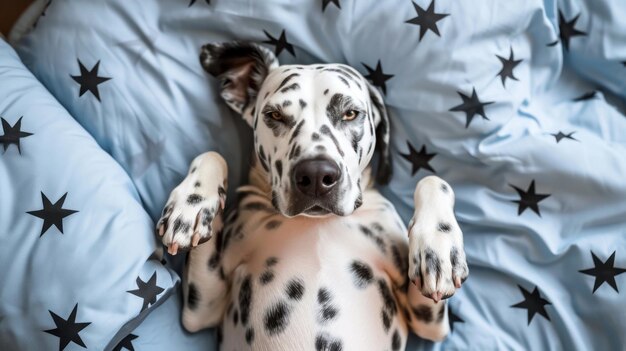 A Dalmatian dog on a bed lies on its back with its paws raised Bed linen with stars Funny dog face