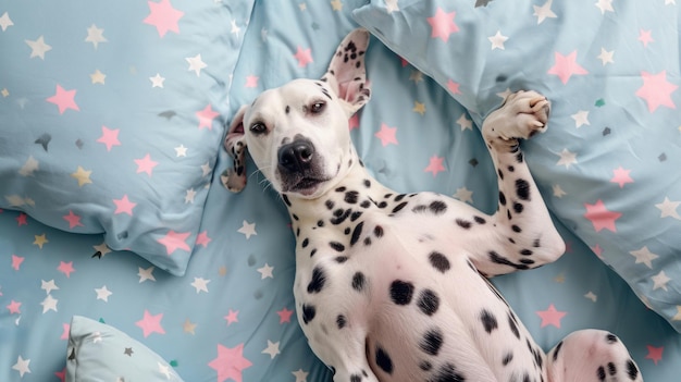 A Dalmatian dog on a bed lies on its back with its paws raised Bed linen with stars Funny dog face