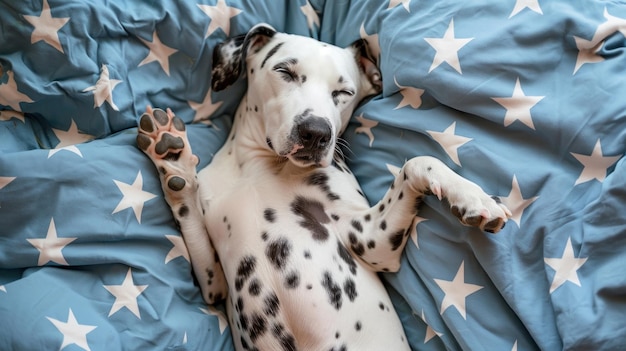 A Dalmatian dog on a bed lies on its back with its paws raised Bed linen with stars Funny dog face