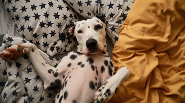 A Dalmatian dog on a bed lies on its back with its paws raised Bed linen with stars Funny dog face