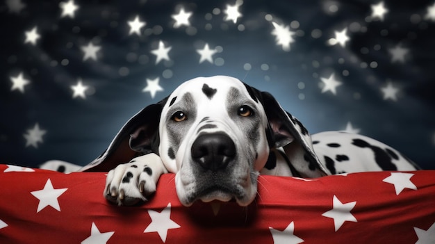 A Dalmatian dog on a bed lies on its back with its paws raised Bed linen with stars Funny dog face