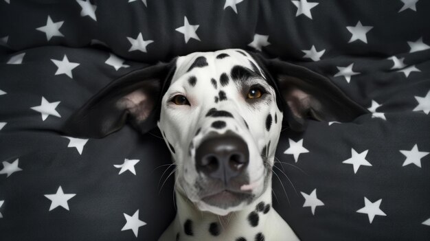 A Dalmatian dog on a bed lies on its back with its paws raised Bed linen with stars Funny dog face