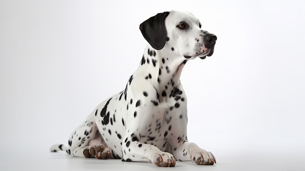 A dalmatian dog is sitting on a white background.