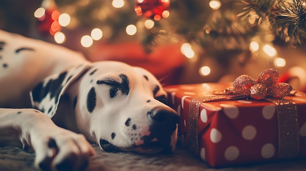 Dalmatian dog relaxing by the Christmas tree with festive presents nearby