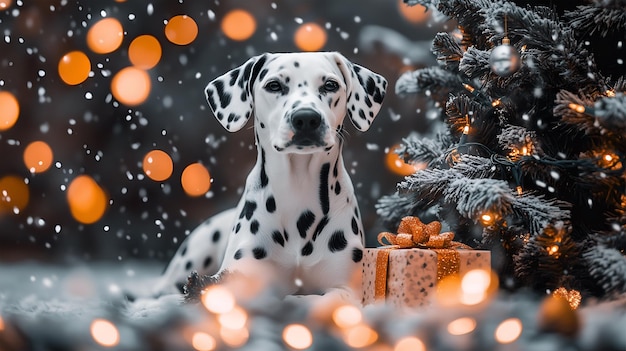 Dalmatian dog sits beside a beautifully decorated Christmas tree with glowing lights and gifts