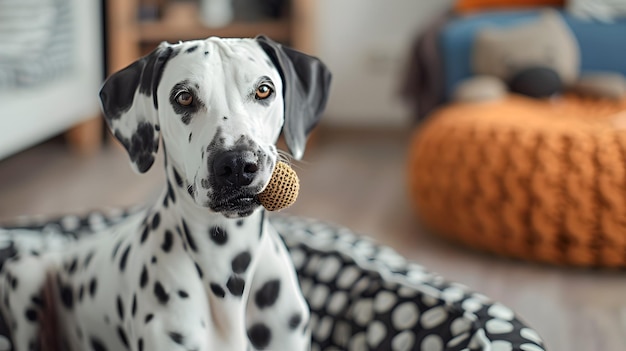 Dalmatian Dog Sitting at Home with Chew Toy Near Cozy Bed