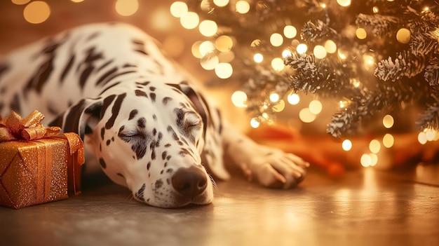 Dalmatian dog sleeping beside a beautifully decorated Christmas tree with glowing lights