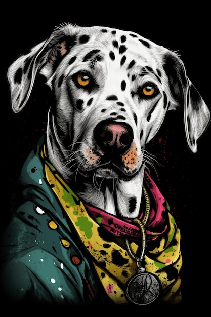 A dalmatian dog with a colorful scarf and a scarf.