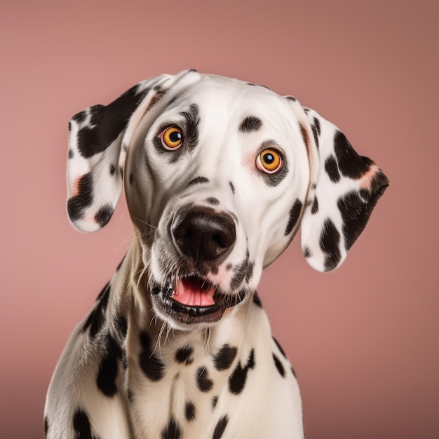 A dalmatian dog with a pink background.