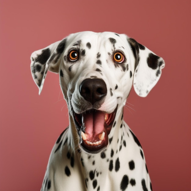 A dalmatian dog with a pink background