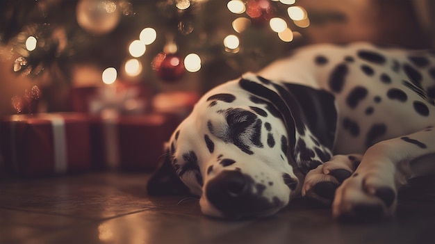 A Dalmatian peacefully resting beside a beautifully decorated Christmas tree and colorful gifts