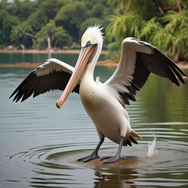 Photo dalmatian pelican pelicanus crispus soaring in the air and reflections in water over kerkini lake