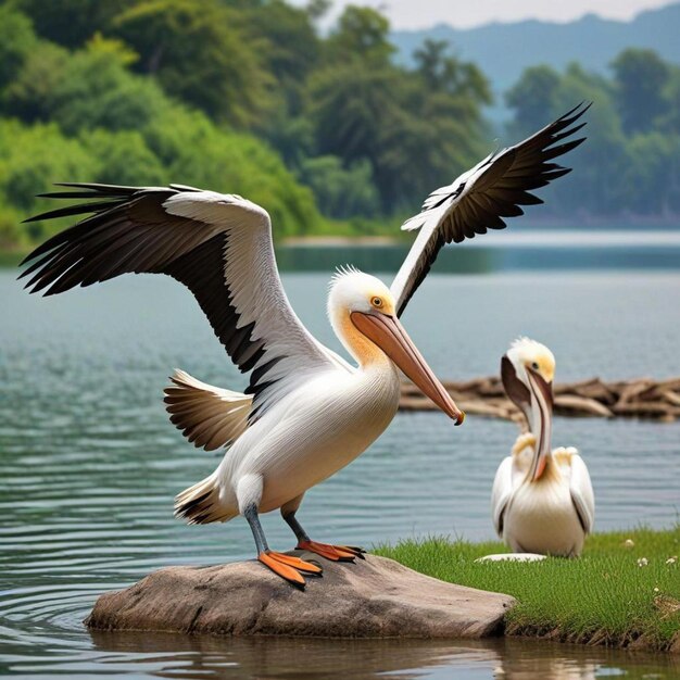 Photo dalmatian pelican pelicanus crispus soaring in the air and reflections in water over kerkini lake