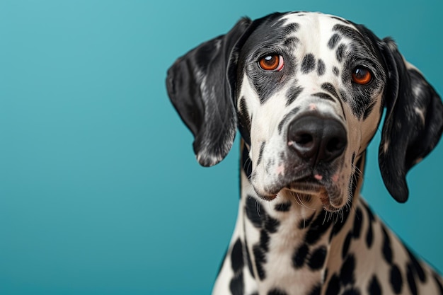 Dalmatian Pup Posing with Empty Card Vibrant Blue Background