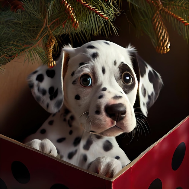 Dalmatian puppy sitting under christmas tree as a present Generative AI