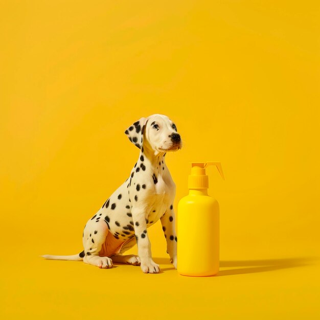 Photo a dalmatian puppy with its distinctive black spots sits upright next to a bright yellow unlabeled spray bottle the cheerful yellow background enhances the lively atmosphere