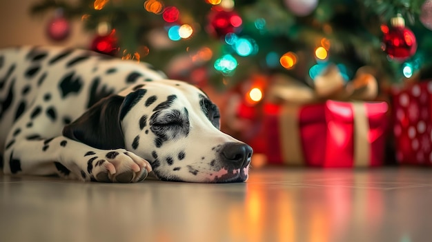 Dalmatian relaxing peacefully by the Christmas tree surrounded by colorful decorations