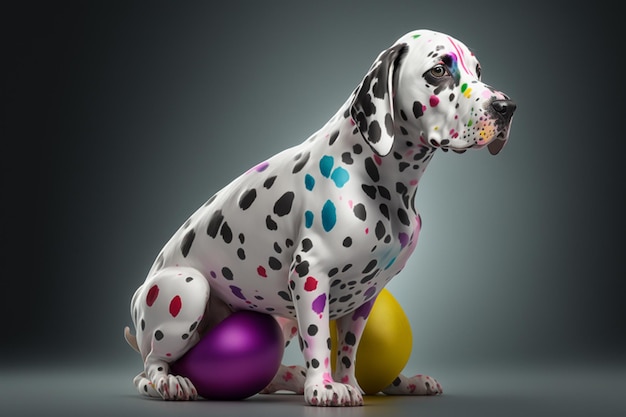 A dalmatian sits on a ball with colorful eggs on it.