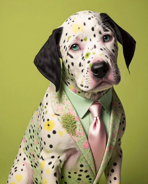 A dalmatian wearing a suit and tie with a pink bow tie.