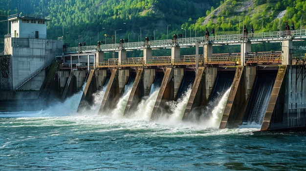 Dam and hydroelectric turbines at a hydro power plant