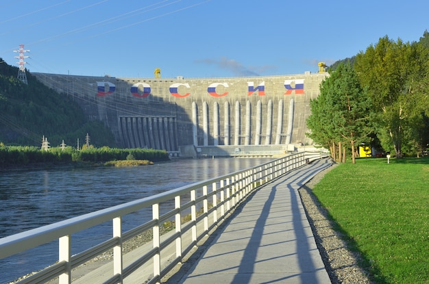 The dam of the largest hydroelectric power station on the mountain banks of the Yenisei River. Siberia, Russia