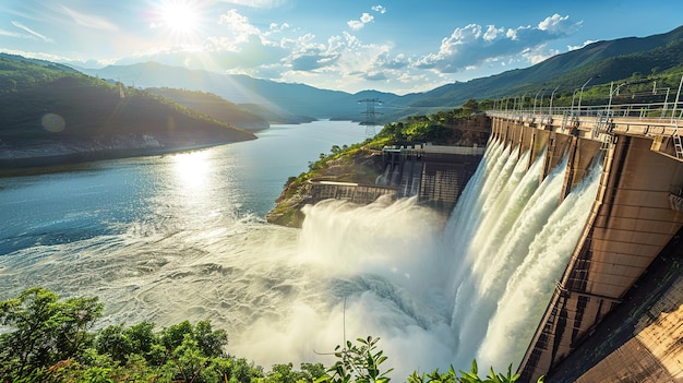 Dam with water gushing out the sun shining on mountains in the background A photographic photo of a hydropunk dam and mountain landscape