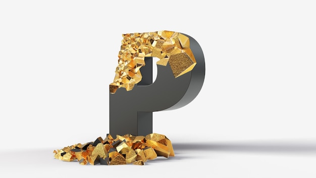 Damaged black letter P reveals gold inside. 3d illustration, suitable for typewriting, letter, and alphabet themes.