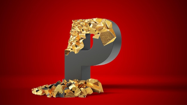 Damaged black letter P reveals gold inside. 3d illustration, suitable for typewriting, letter, and alphabet themes.