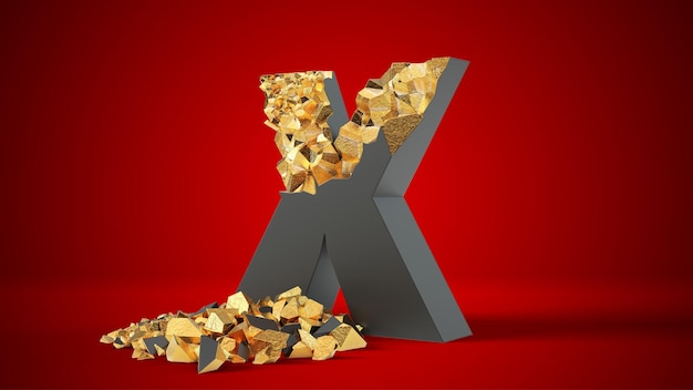 Damaged black letter X reveals gold inside. 3d illustration, suitable for typewriting, letter, and alphabet themes.